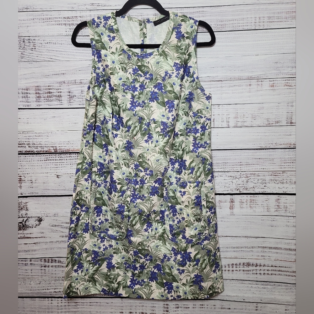 Tara Jarmon Off-white Blue Dress with Pampas And Flowers Print In Linen - Picture 6 of 9